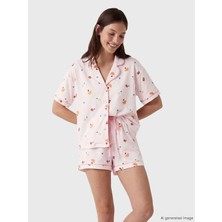 LC Waikiki Lcw Dream Ekru Gömlek Yaka Baskılı Kadın Şortlu Pijama Takımı