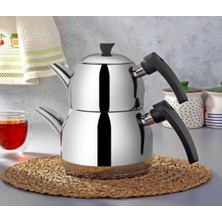 PremiumPort Paslanmaz Çelik Çaydanlık, 4 Parça, Orta Boy, Siyah Baki Kulplu