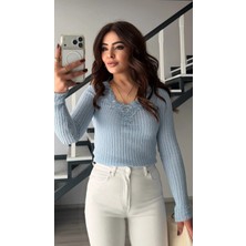 Elisin Bebe Mavi Yakadan Dantelli Ince Triko Bluz