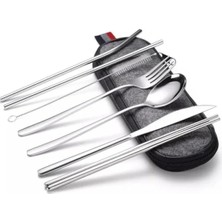 Hakay Paslanmaz Çelik 8 Parça Çatal Bıçak Kaşık Seti - Taşınabilir Çanta ile