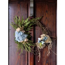 Florivya Rustik Doğal Dal Kapı Süsü Mavi Ortanca Çiçekli Dekoratif Kapı Süsü