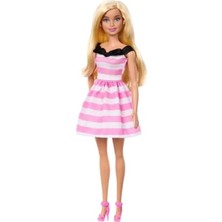 Hakay 65. Yıl Özel Pembe-Beyaz Çizgili Elbise ve Topuklu Ayakkabılı Sarışın Bebek