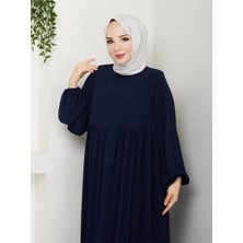 Esra Butik Lacivert Medine Ipeği Robalı Uzun Elbise 140 cm Rahat Kesim Tesettür Elbise