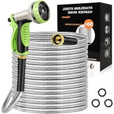 Hakay Paslanmaz Çelik Bahçe Hortumu - 50FT, 10 Fonksiyonlu Başlıklı