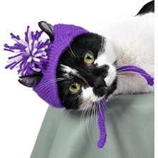 Hakay Mor Renkli Kapüşonlu Örme Kedi Şapkası