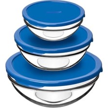 Hakay Kapaklı Cam Saklama Kabı Seti, 3'lü, Mavi Renk