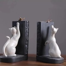 Hakay Dekoratif Kedi Figürlü Ikili Kitap Tutucu – Beyaz Renk