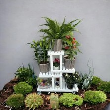 Hakay 4 Katlı Beyaz Ahşap Bitki Standı, Kilitlenebilir Tekerlekler ile