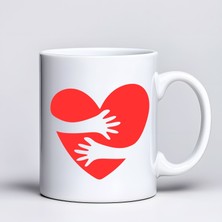 Cash Dukkan Kalp ve Sarılma Tasarımlı Kupa Model 216 Baskılı Seramik Kahve Kupası Sevgi Temalı Hediye Kupa