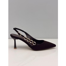 Feles Kadın Kahve Nubuk Arkası Açık Ince Topuklu Stiletto Taş Detaylı - 7 cm Topuk - Podeia Estilo
