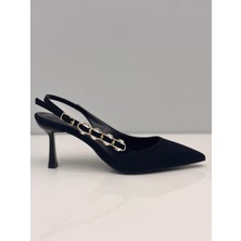 Feles Kadın Siyah Nubuk Arkası Açık Ince Topuklu Stiletto Taş Detaylı - 7 cm Topuk - Podeia Estilo