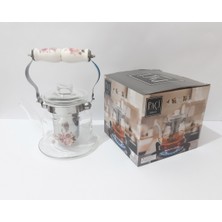 PremiumPort 600 ml Çiçek Desenli Porselen Cam Demlik ve Çelik Süzgeç Seti