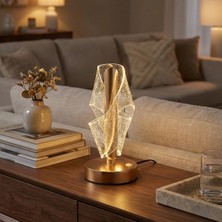 By Nevser® Çapraz Kavisli Ters Kristal Simli LED Masa Lambası – Gold Gövdeli, Dokunmatik, 3 Kademe Işık Ayarlı Şarjlı Dekoratif Lamba