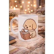 Decostyle Kitap Okuyan Sevimli Köpek Tasarımlı Porselen Kupa Model 190 – Kahve Temalı Tatlı Köpek Kahve Kupası – Köpek Severlere Hediye Kupa