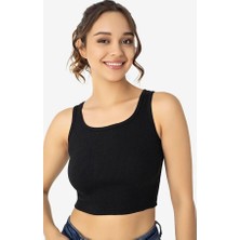 Kadın Pamuklu Fitilli Halter Yaka Kalın Askılı Crop Büstiyer Siyah