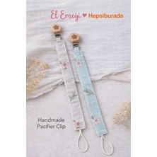 Two Child Ahşap Klips Emzik Askısı-Bebek Emzik Zinciri %100 Pamuk Pembe ve Yeşil Renkli Gül Desenli