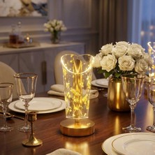 By Nevser® Açık Silindirik Kristal Altın Toz Model LED Masa Lambası – Gold Tabanlı, Dokunmatik, 3 Renk Işık Modlu, Şarjlı Modern Dekoratif Gece Lambas