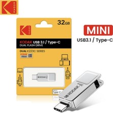 Kodak 32Gb. Type-C ve Usb 3.1 Çift Girişli Minik Hızlı Usb Flash Bellek Otg Çift Girişli Orjinal Metal ve Sağlam
