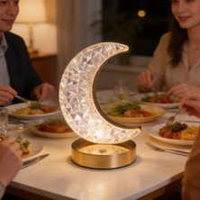 By Nevser® Hilal Ay Model Kristal LED Masa Lambası – Dokunmatik, 3 Renk Işık Modlu, Şarjlı Mini Dekoratif Gece Lambası