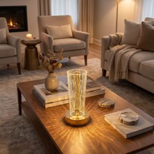 By Nevser® Silindirik Kristal Nokta Model LED Masa Lambası – Gold Tabanlı, Dokunmatik, 3 Renk Işık Modlu, Şarjlı Modern Dekoratif Gece Lambası