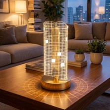 By Nevser® Dalgalı Silindirik Kristal Kareli Model LED Masa Lambası – Gold Tabanlı, Dokunmatik, 3 Renk Işık Modlu, Şarjlı Modern Dekoratif Gece Lambas