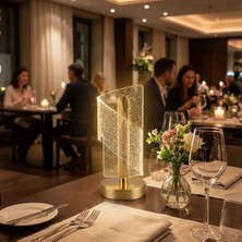 By Nevser® Çapraz Kavisli Kristal Simli LED Masa Lambası – Gold Gövdeli, Dokunmatik, 3 Kademe Işık Ayarlı Şarjlı Dekoratif Lamba