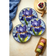 Grandora Mor Iris Çiçek Desenli Pasta Tabağı (6 Adet, 20 Cm) Modern Sanatsal Sunum Tabağı