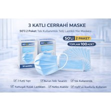 Decostyle 3 Katlı Cerrahi Maske 50'li 2 Paket Tek Kullanımlık Telli Lastikli Yüz Maskesi Toplam 100 Adet