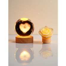 Hediye Sandalı Sevgililer Gününe Özel Işıklı Kalp Figürlü Kristal Küre  & LED Güllü Lamba Seti