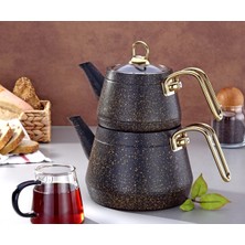 PremiumPort Modern Gold Kulplu Granit Çaydanlık, Dayanıklı ve Şık Tasarım