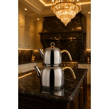 PremiumPort Mini Yaylı Buhar Çaydanlık Seti, Paslanmaz Çelik, Gold Kulplu, 1,8 L