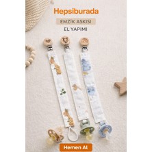 Two Child Ahşap Klips müslin kumaş Emzik Askısı-Bebek Emzik Zinciri %100 Pamuk Sevimli Hayvan Baskılı