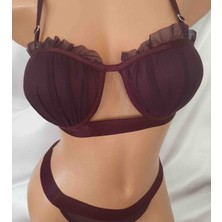 Shine Elagance Mor Destekli Balenli Üst Kısmı Tül Detaylı Sütyen ve Transparan Külot Midye Takım