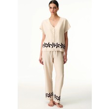 Penti Pastel Bej Petal Gömlek Çiçekli Kısa Kollu Pijama Takımı