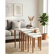 Buybox 4'lü Zigon Sehpa Çift Katlı Beyaz Gofret Oval Serisi Mdf -Lam