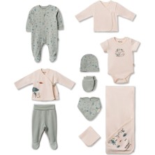 BabyCosy Organic Wear %100 Organik Pamuk 10’lu Hastane Çıkış Seti Yenidoğan Bebek Seti – Tulum, Zıbın, Battaniye, Şapka, Eldiven, Önlük