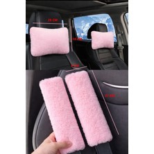 Peluş Pudra Pembe Oto Boyun Yastığı ve Emniyet Kemer Pedi Seti