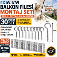 Universal Balkon Filesi Montaj Seti 30 Parça 18X60 Piton Kanca 8 mm Dübel Kedi Güvenlik