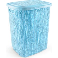 Fırsatkolik Kirli Çamaşır Sepeti Kapaklı 65 Lt Örgü Desenli Plastik Çamaşır Sepeti Banyo Sepeti - Mavi