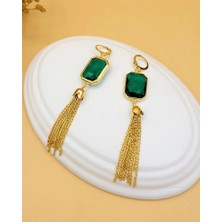 Nevoka Zümrüt Kedi Gözü Zincirli Abiye Dörtgen Sıvama Altın Kaplama Küpe