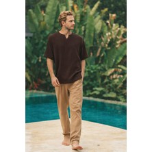 Qaviya Erkek Acı Kahve V Yaka Yırtmaçlı Pamuklu Dokuma Oversize Tişört / Bohem Bluz