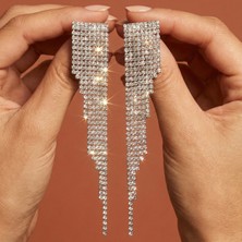 Valmont Accessories Taşlı Işıltılı Sallantılı Uzun Abiye Kadın Küpe Kristal Taşlı