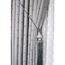 Keten Dokulu Ponponlu Gri Pano Fon Perde Tek Kanat Sık Pileli