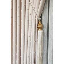 Keten Dokulu Ponponlu Krem Pano Fon Perde Tek Kanat Sık Pileli