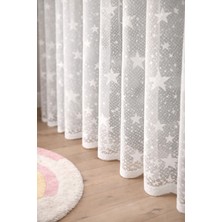 Beyaz Yıldızlı Çocuk Odası Tül Perde Kullanıma Hazır Yıldız Motifli Korniş Düğmeli