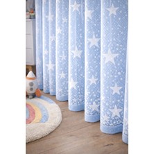Mavi Yıldızlı Erkek Çocuk Odası Tül Perde Kullanıma Hazır Yıldız Motifli Korniş Düğmeli