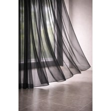 Siyah Grek Düz Tül Perde Kornişli Kullanıma Sık Pile Kullanıma Hazır