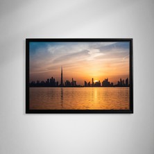 Ahsenico Kanvas Tablo Dubai – Gün Batımı Silueti ile Küresel Vizyonun Simgesi-Çerçeveli Tablo(Siyah)