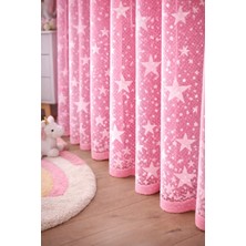 Pembe Yıldızlı Kız Çocuk Odası Tül Perde Kullanıma Hazır Yıldız Motifli Korniş Düğmeli