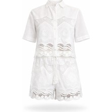 5in1Canpolat Beyaz Fisto Işlemeli Gömlek Şort Takım 39549